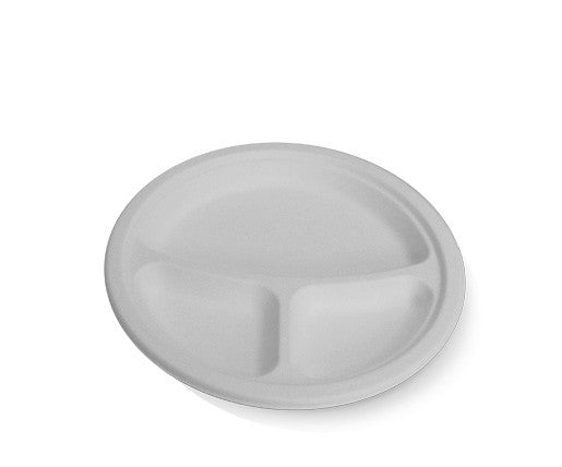 9" Sugarcane Plate Round 3 Compartment 500pc/ctn
