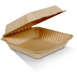 9" x 9" Sugarcane Clamshell Unbleached 200pc/ctn
